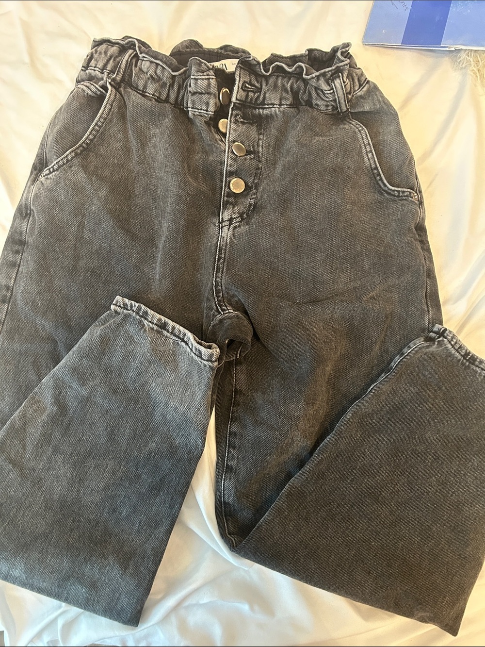 Zara High-Waist Paperbag Button-Fly Washed Black Cropped Jeans